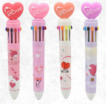 قلم حبر جاف 10 في 1 متعدد الالوان بتصميم قلب  لطيف